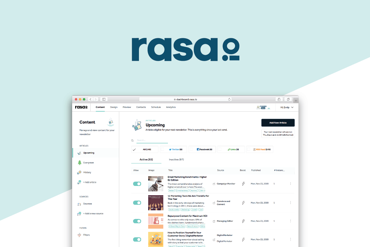 rasa.io dashboard - rasa email newsletter upcoming content
